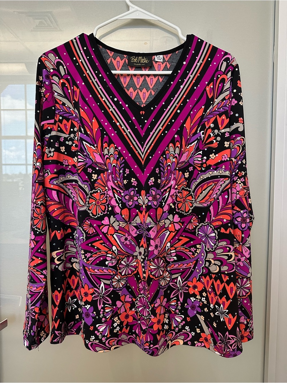 Bob Mackie Womens Med Wearable Art Top Pink Floral Rhinestone Retro Maximalist
